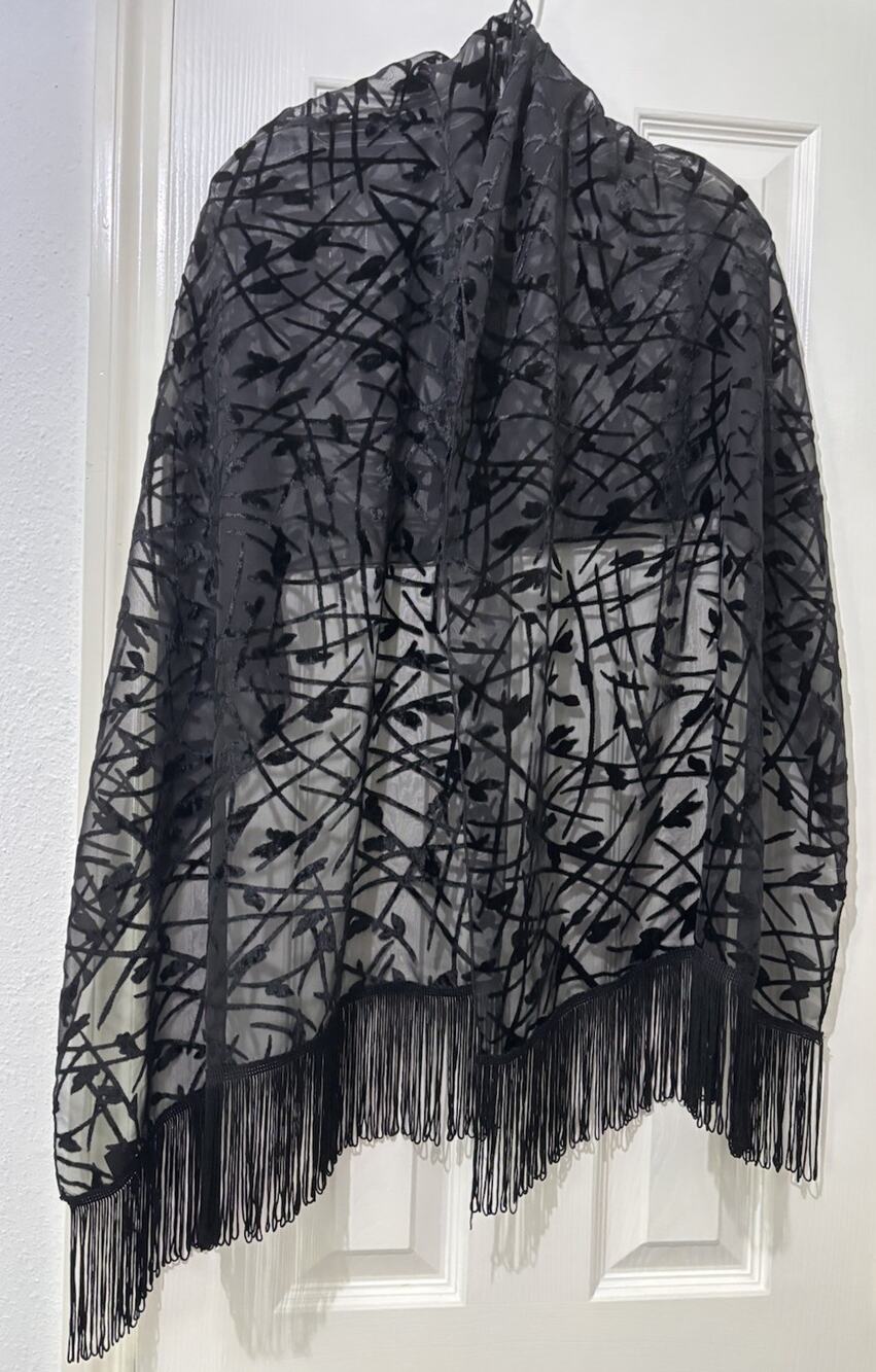 Vintage Black Devore Velvet Fringe Shawl Wrap Sheer Burnout Chiffon Evening Wrap